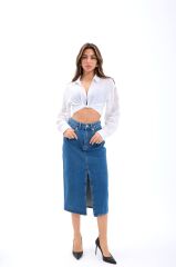 Yüksek Bel Yırtmaçlı Midi Jean Etek – Mavi Şıklık